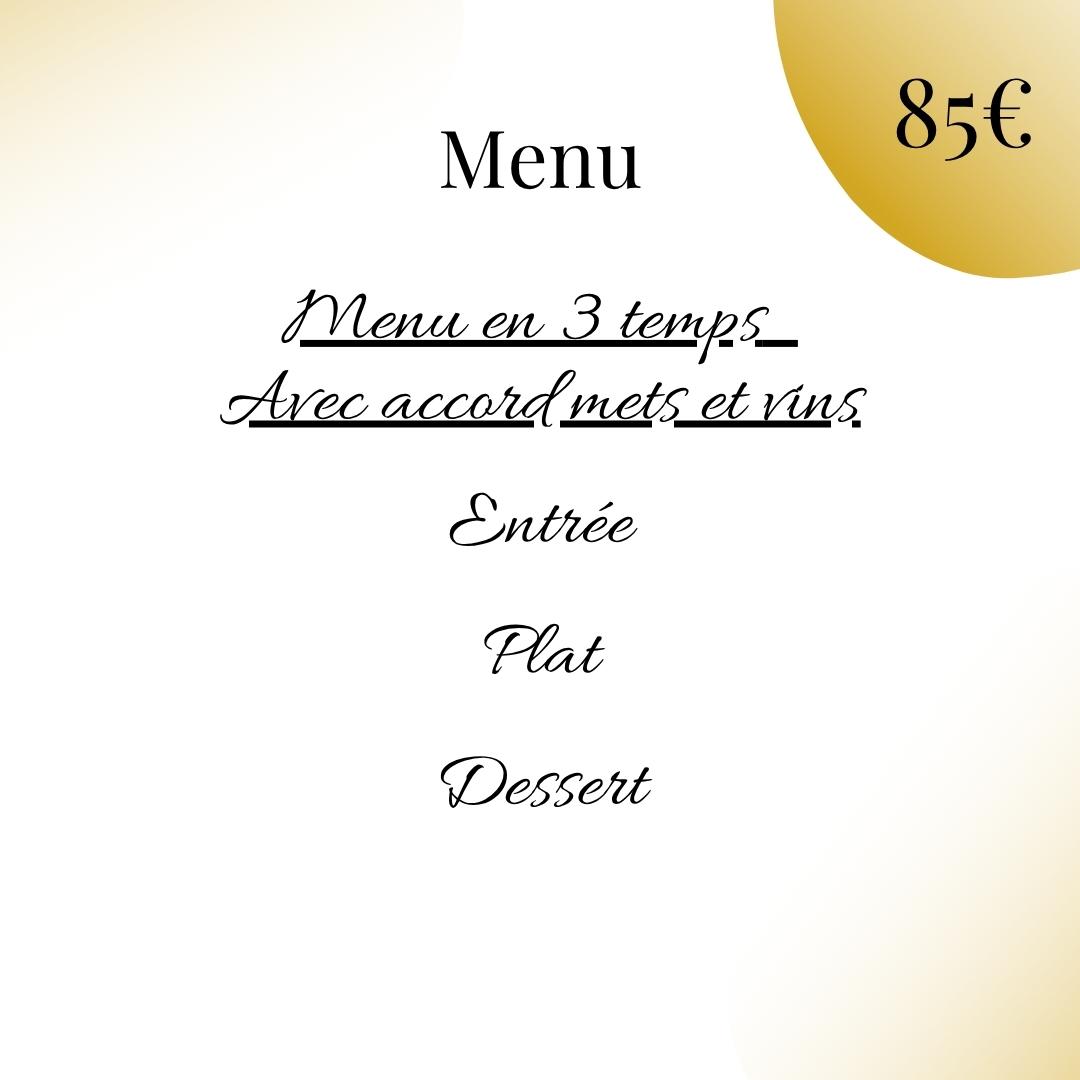 Menu en 3 temps<br>avec accord mets et vins