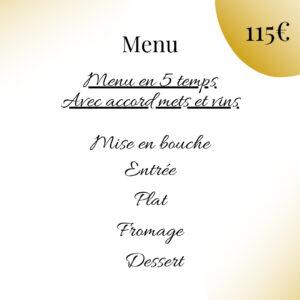 Menu en 5 temps<br>avec accord mets et vins