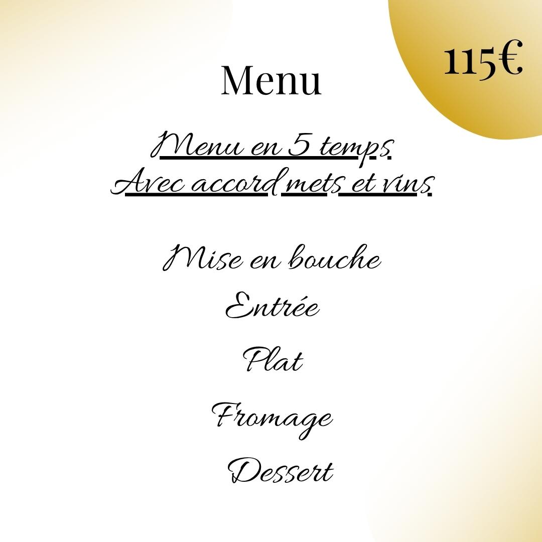 Menu en 5 temps<br>avec accord mets et vins